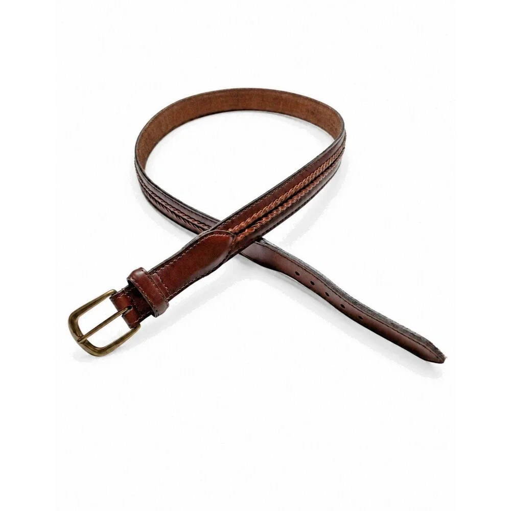 L.K. Bennett Vintage Genuine Leather Brown Belt Mens Size 42 Solid Brass Buckle